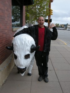 Jamie, downtown in Cody, Wyoming with his Buffalo Buddy